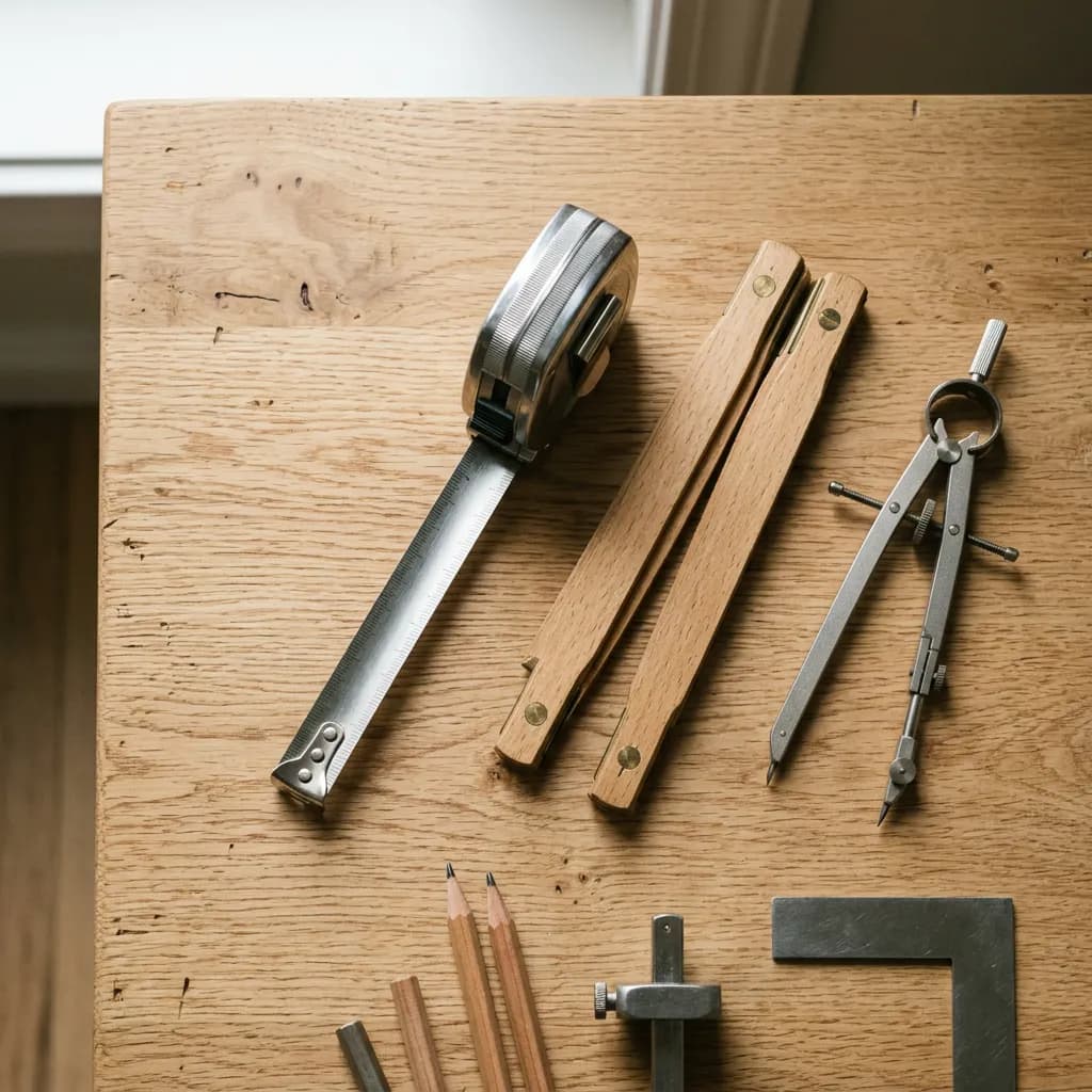 Holztisch mit ausgezogenem Maßband aus Metall, einem Holzgliedermaßstab und einem Zirkel.