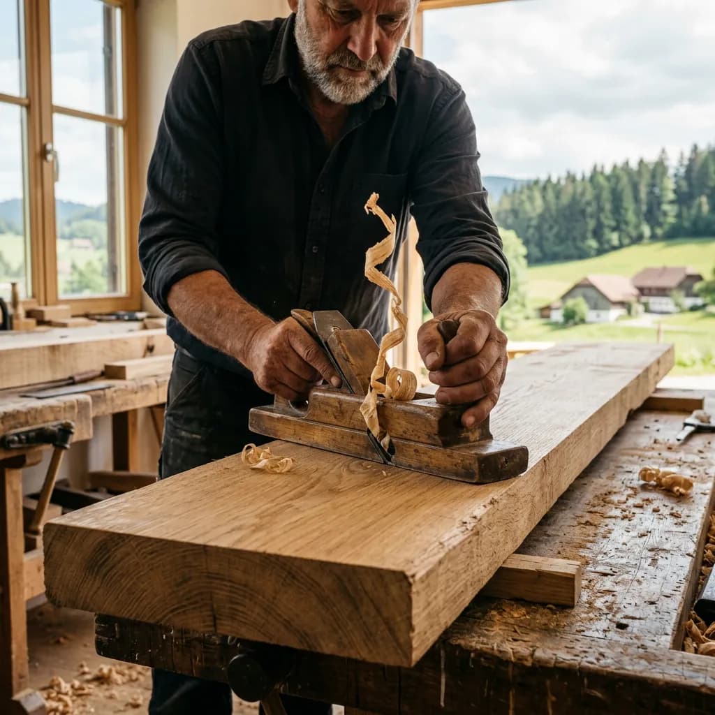 Hände führen einen Hobel über eine Eichenbohle, im Hintergrund hügelige Waldlandschaft hinter Werkstattfenstern.