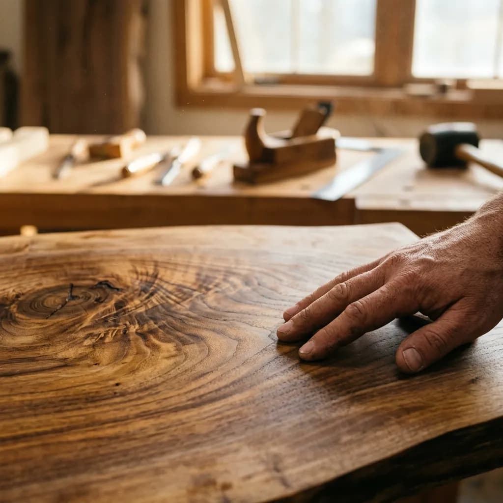 Hand eines Tischlers berührt eine glatte Holzplatte mit ausgeprägter Maserung in einer Werkstatt.