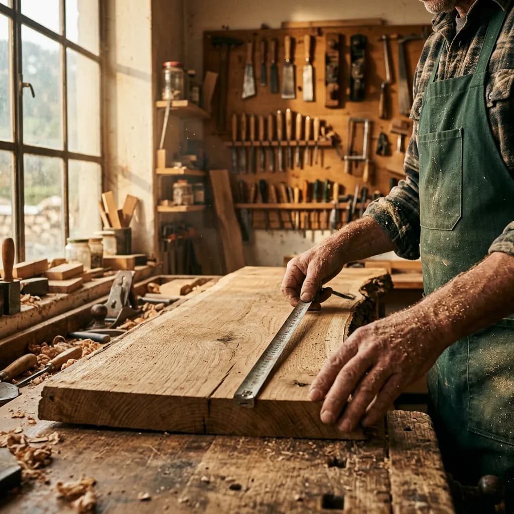Hände eines Holzhandwerkers messen eine Eichenholzplatte mit einem Maßband in einer Werkstatt.