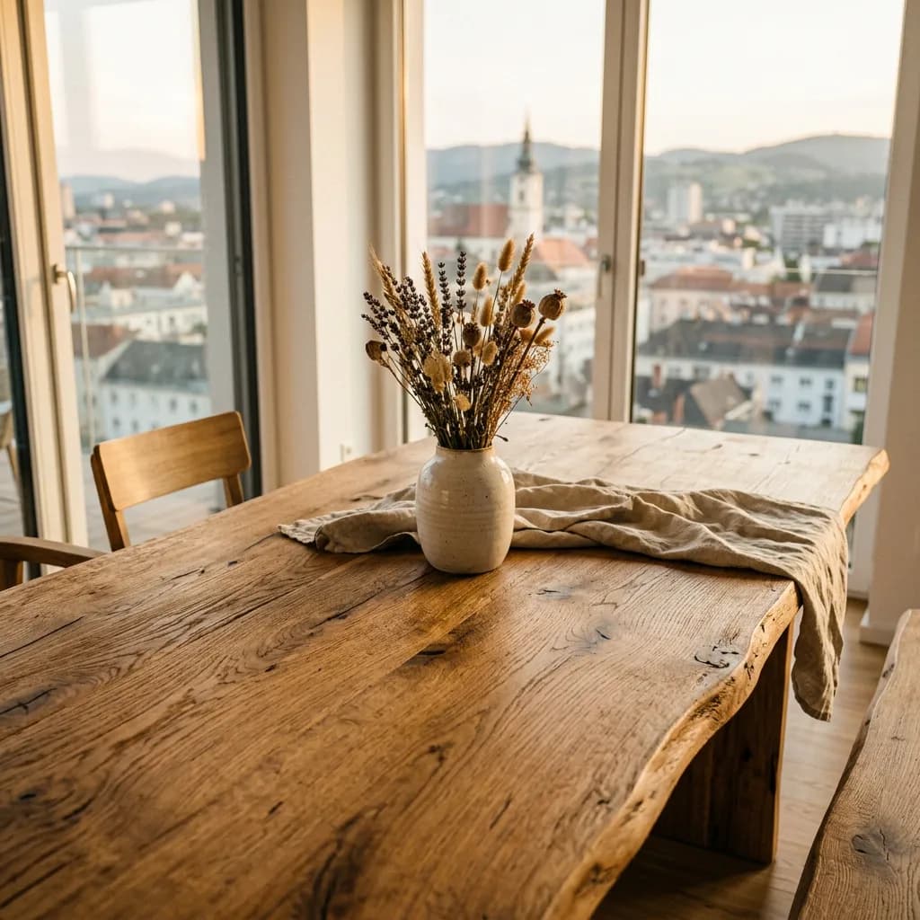 Massiver Eichenholztisch mit Naturkante, darauf eine Keramikvase mit Trockenblumen vor verschwommenen Stadtdächern.