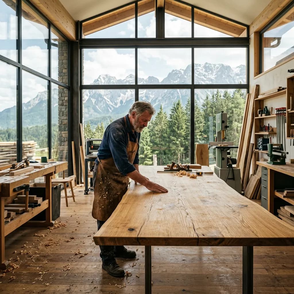 Handwerker in einer Werkstatt streicht über einen massiven Eichentisch vor verschneiten Alpengipfeln.