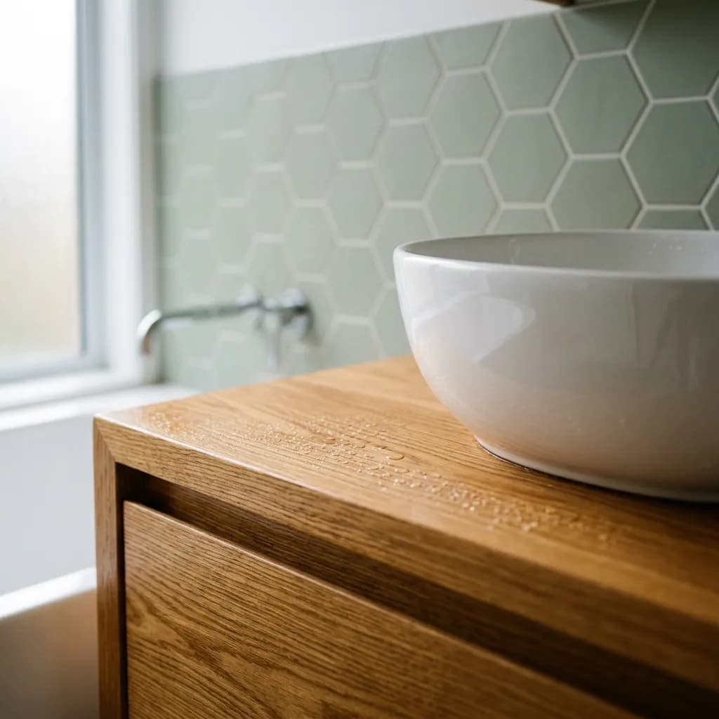 Weißes Keramikwaschbecken auf einer massiven Eichenholzplatte mit Wassertropfen in einem minimalistischen Badezimmer.