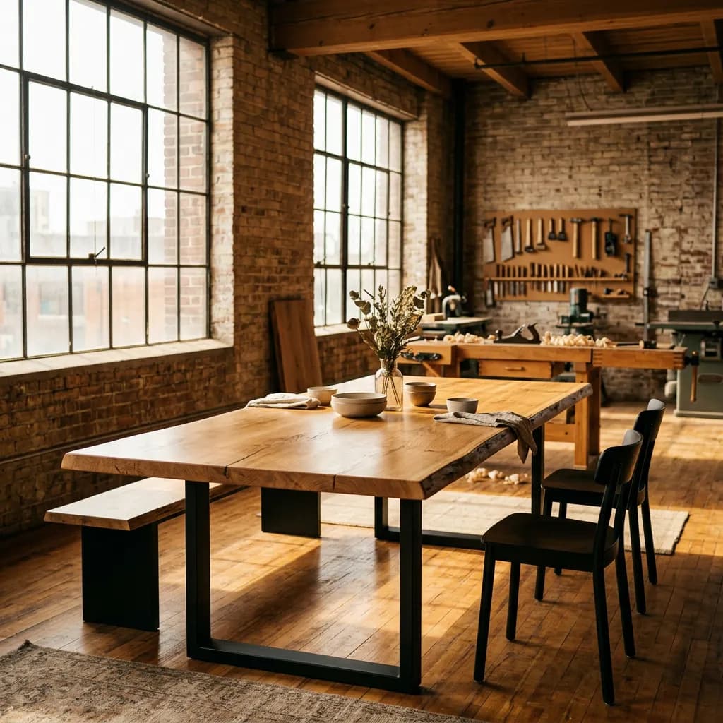 Massiver Eichentisch mit Naturkante in einem Loft, im Hintergrund eine Werkbank mit Handwerkzeugen.