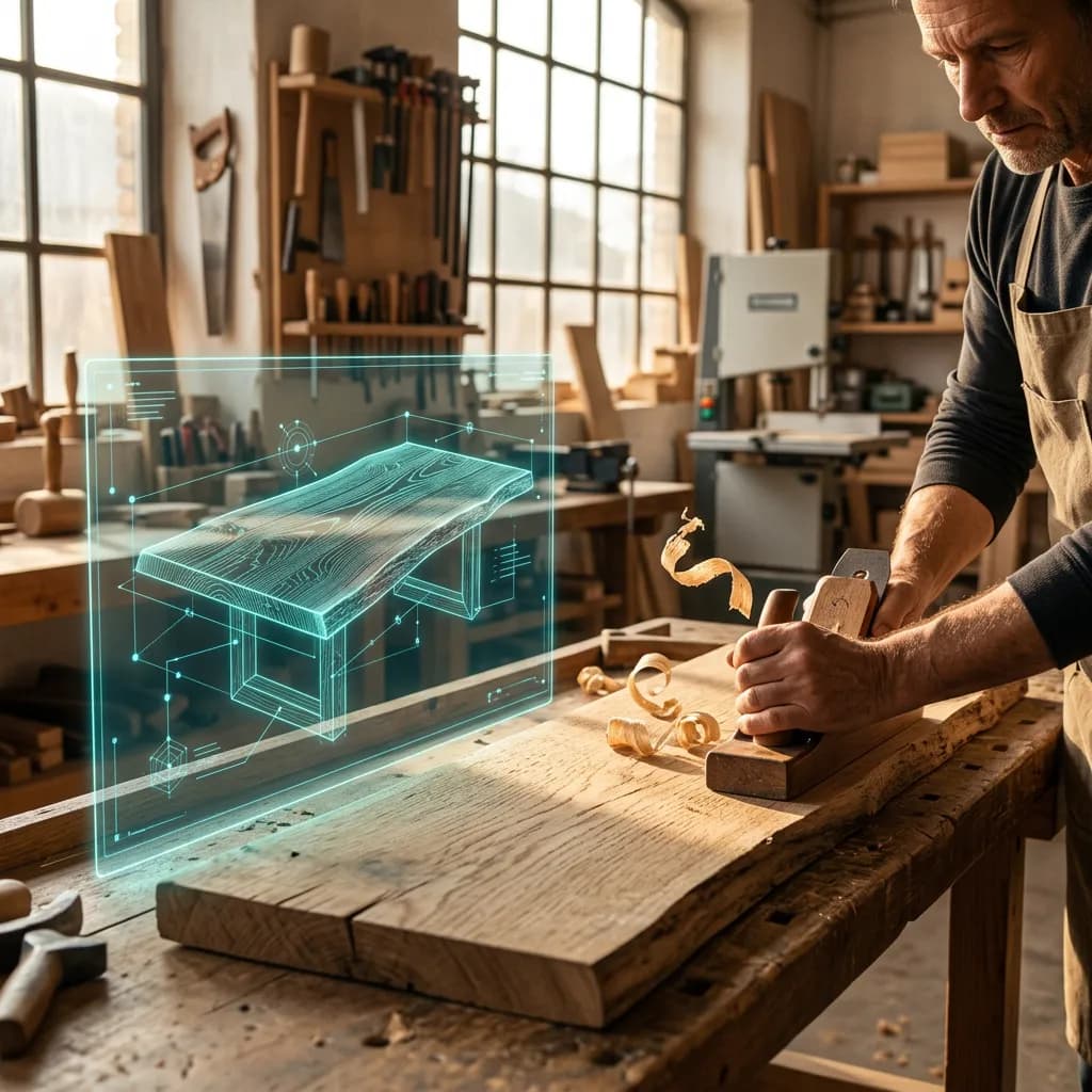 Digitale 3D-Projektion eines Tisches neben Handwerkerhänden, die Holz in einer Werkstatt hobeln.