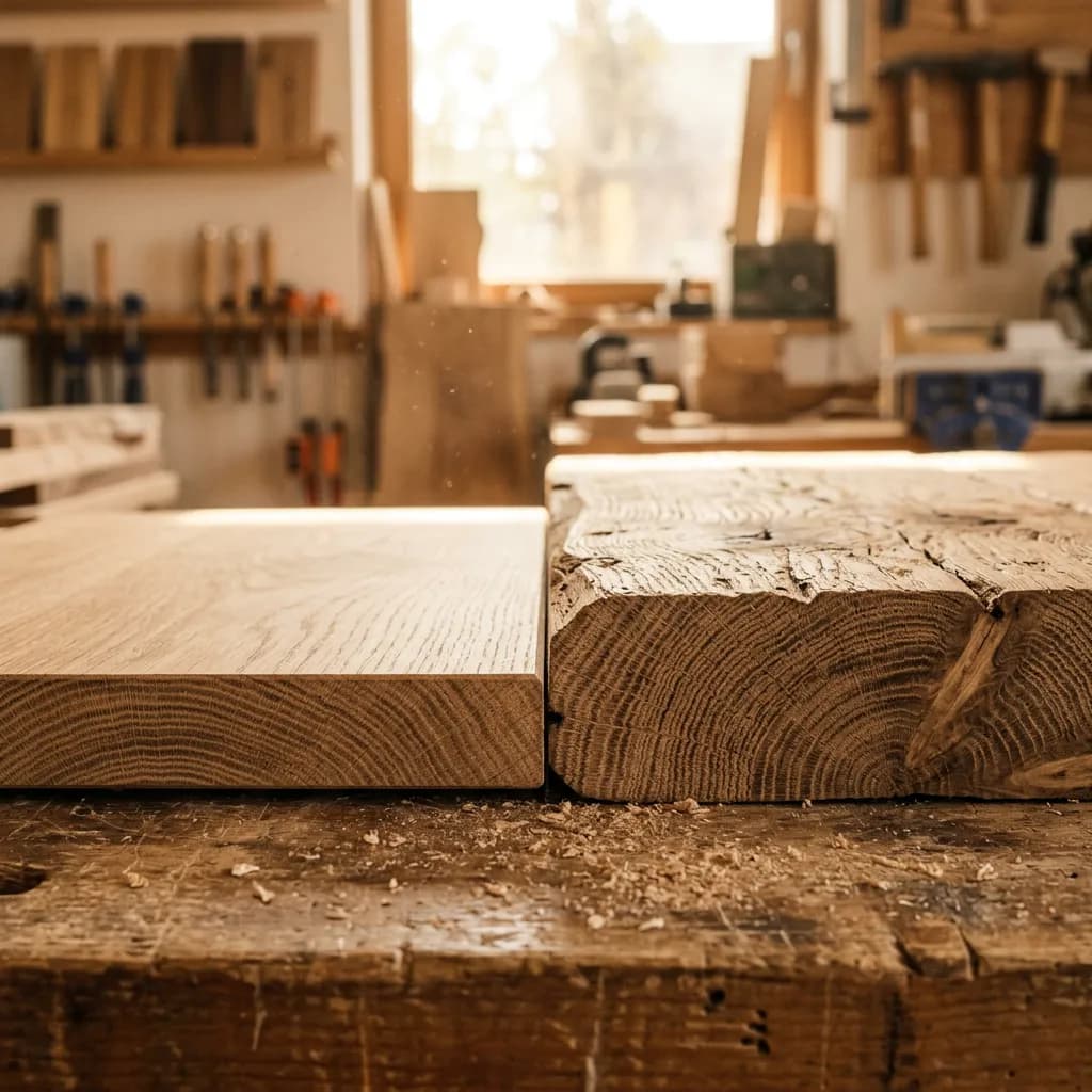 Zwei unterschiedliche Eichenholzplatten im Profil, die einen deutlichen Unterschied in der Materialstärke zeigen.
