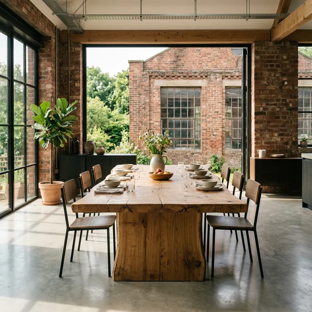 Massiver Eichentisch mit Naturkante in einem modernen Esszimmer vor großen Fenstern und Ziegelgebäuden.